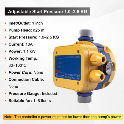 220V Automatic Water Booster Pump Controller Adjustable Pressure Water Pump Pressure Switch Dry Run Protection G1 Inch Thread