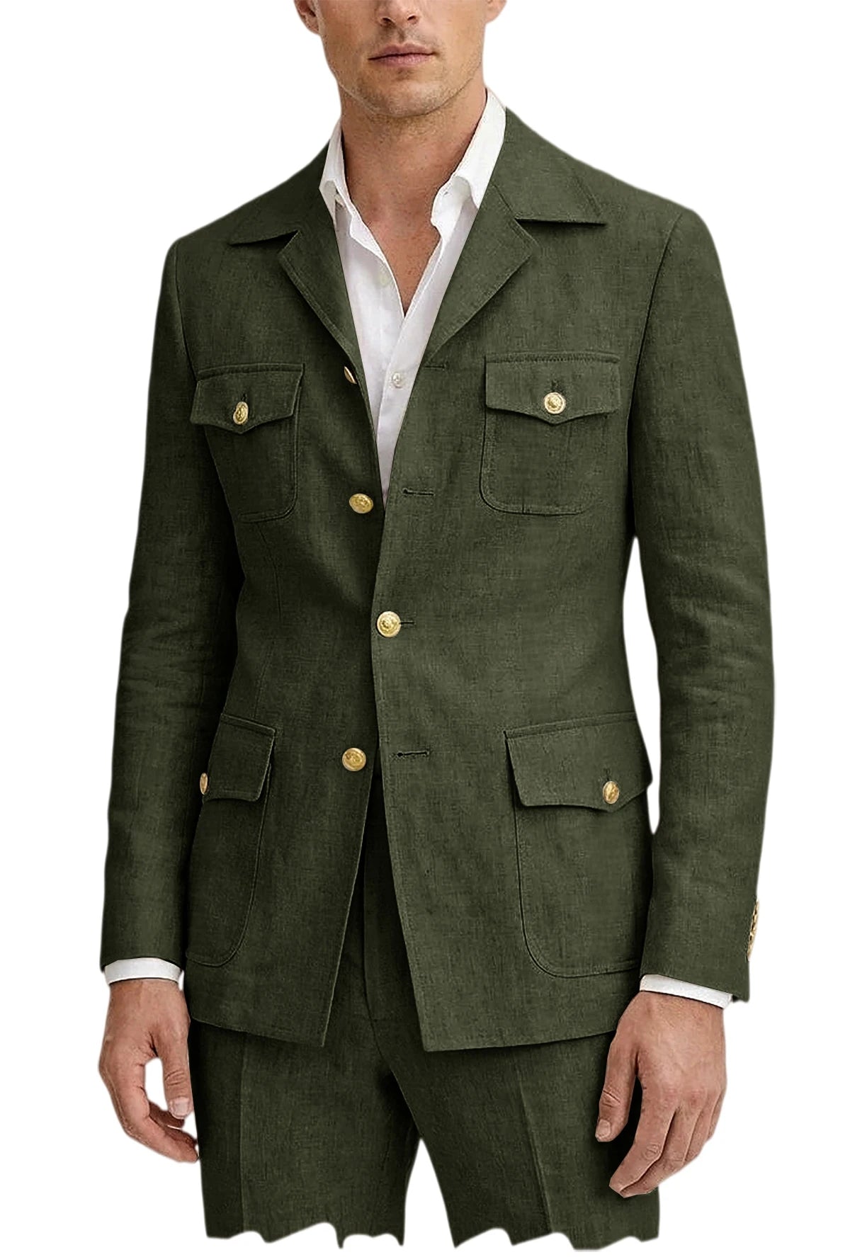 Men's Linen Suit 2 Piece Blazer Pants Set Multi-Pocket Safari Style Slim Fit Formal Business Casual Jacket Trousers for Summer