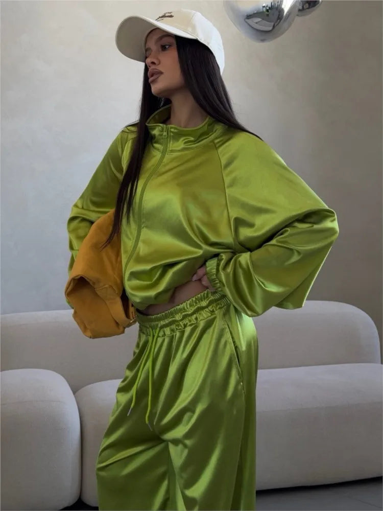 2026Spring Autumn New Satin Women's Sports Suit Fashion Zipper Long Sleeve Jacket Casual Loose Female Wide Leg Pants 2 Piece Set
