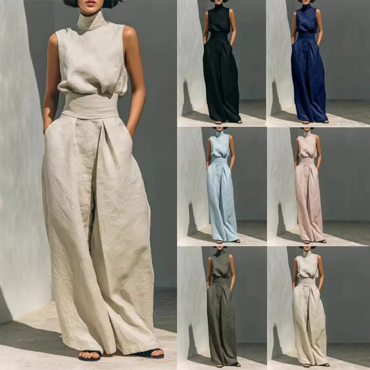 Women 2 Piece Outfit, Sleeveless High Neck Blouse & High Waist Wide