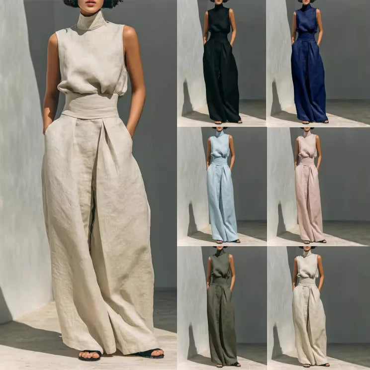 2026 Women 2 Piece  Outfit, Sleeveless High Neck Blouse & High Waist Wide Leg Pants Set, Elegant Office Commuter Matching Suit W
