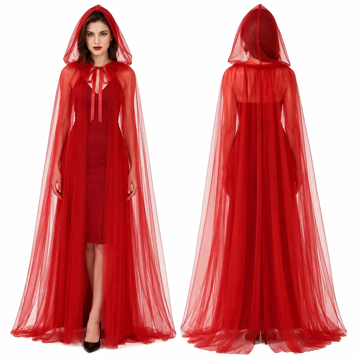 Sheer Tulle Hooded Full‑Length Cape for Women, Lightweight Flowy Gothic Cloak with Neck Tie, Halloween Witch Vampire Cosplay Costume Accessory for Fancy Dress Party Photo Shoot