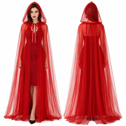 Sheer Tulle Hooded Full‑Length Cape for Women, Lightweight Flowy Gothic Cloak with Neck Tie, Halloween Witch Vampire Cosplay Costume Accessory for Fancy Dress Party Photo Shoot