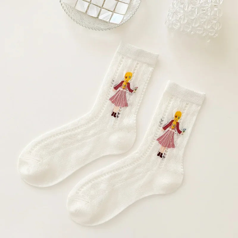 Transparent Crystal Silk Socks Women Fashion Ultra-thin Summer Harajuku Crew Socks Flower Streetwear Elastic Long Mesh Socks