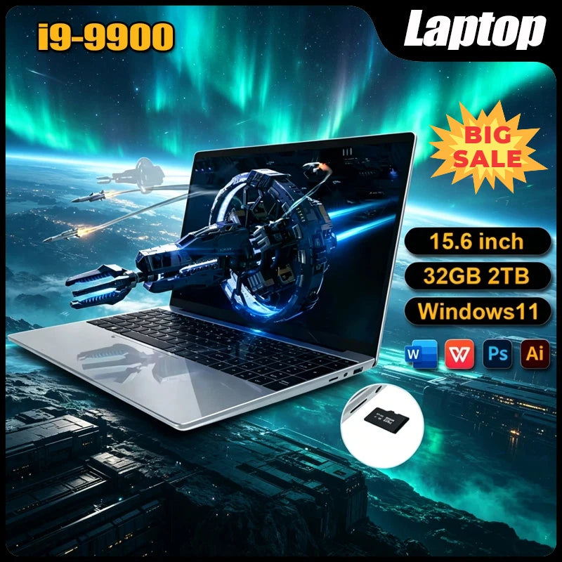 2026 HOT 15.6" Laptop 32GB 2TB Windows 11 Intel Core I9-9900 Gaming Computer PC 1920*1080 HD Gamer Office Ultra Slim Notebook