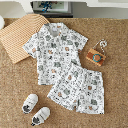 2025 New Summer Dinosaur Cartoon Printed Short-sleeved T-shirt and Shorts, Fashionable and Versatile Two-piece Set for Baby Boys