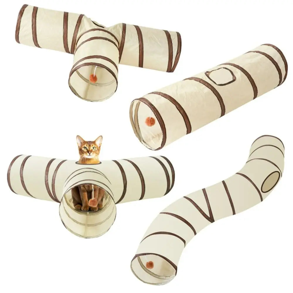 Fun Polyester+Steel Wire Cat Tunnel Tube Breathable Foldable Cat Nest Training Interactive Beige+Coffee Pet Fun Play Toy Cat