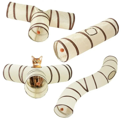 Fun Polyester+Steel Wire Cat Tunnel Tube Breathable Foldable Cat Nest Training Interactive Beige+Coffee Pet Fun Play Toy Cat