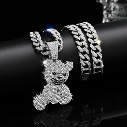 Hip Hop Aggressive Bear Pendants Necklaces with Miami Cuban Link Chain Brown Bear Men's Women Choker Collar Jewelry Accessories