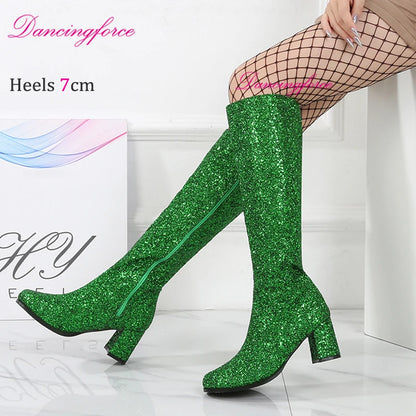 Gold Glitter 7cm Chunky Heels 1960s 70s Retro Gogo Boots Costumes Cosplay Knee High Go-Go Boots Womens Shoes Plus Size EU46