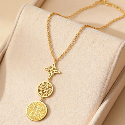Triple Protection Necklace With Witch Knot Pentagram Tetragrammaton St. Benedict Stainless Steel Spiritual Symbol Amulet Jewerly
