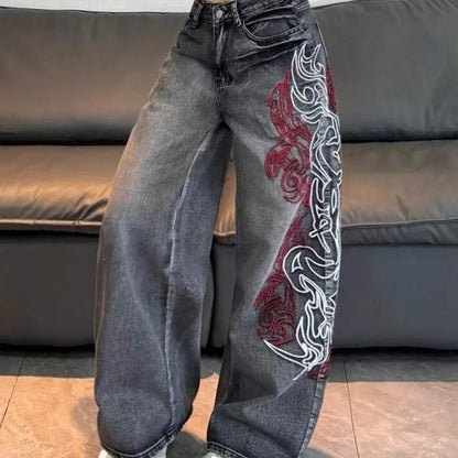 Vintage Dark Grey Fade Women High Waist Wide Leg Jeans Side Red White Abstract Embroidery Denim Summer 2026 Euro Street Pants