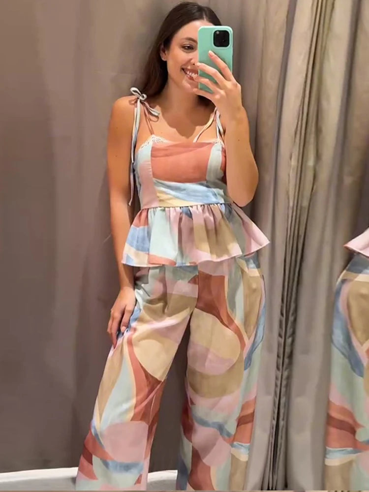 Beach Holiday Print Pants Sets Women Square Neck Sleeveless Lace Up Wide Legs Ruffles Suits Female 2026 Summer New Chic Outfits