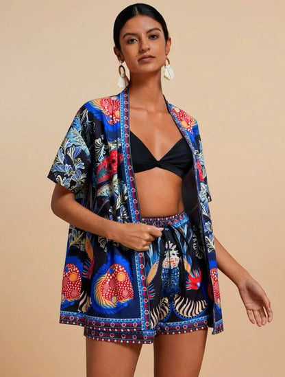 Summer Women's Suit With Shorts Printed Crop Top Short Pants Blue Patterned Set Green Floral Casual Shorts