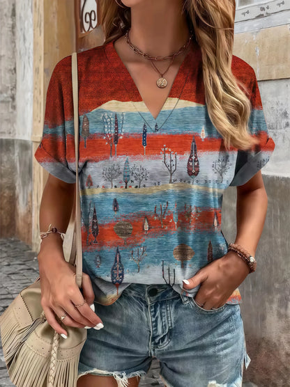 Plus Size Women's V-Neck Fold Sleeve T-Shirt - Ethnic Floral Print Loose Fit Blouse, Fashionable & Elegant Summer Casual Top