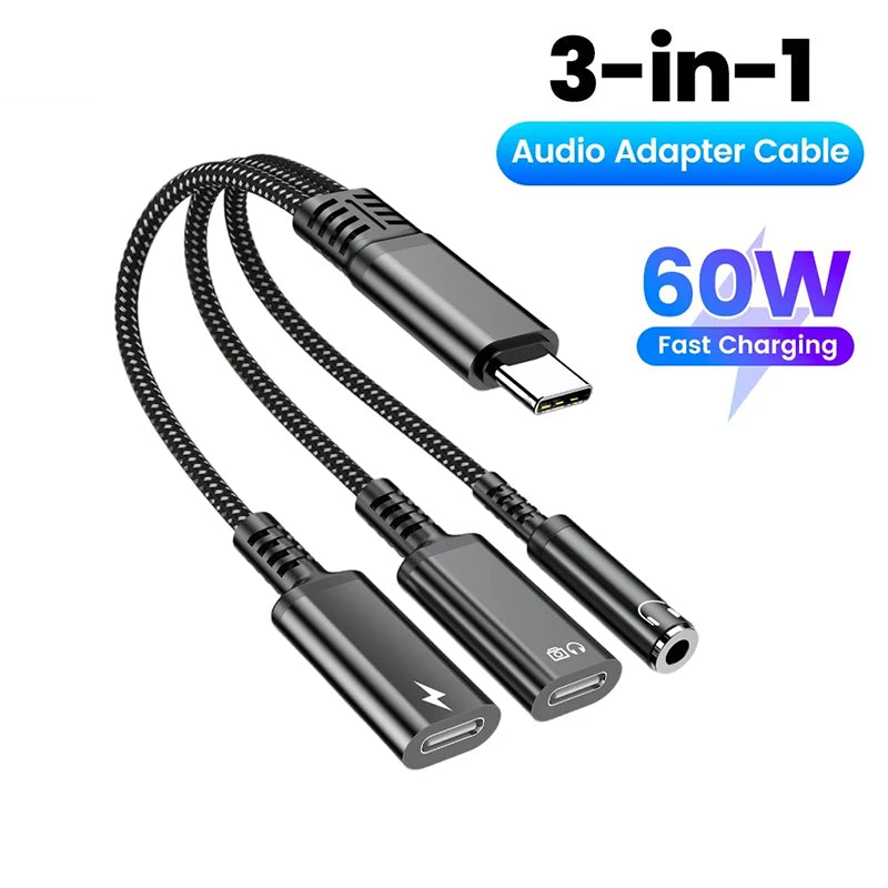 PD 60W Type C to Dual Type C 3.5mm Headphone and Charger Adapter 3 In1 USB C to AUX Audio Jack Dongle Cable For Samsung IPhone16