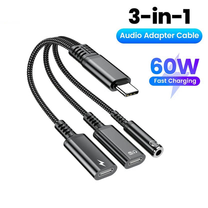 PD 60W Type C to Dual Type C 3.5mm Headphone and Charger Adapter 3 In1 USB C to AUX Audio Jack Dongle Cable For Samsung IPhone16