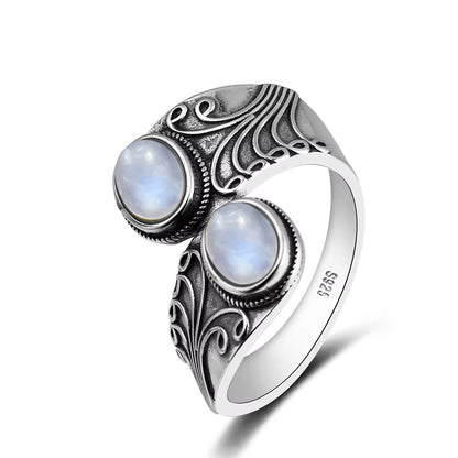 925 Vintage Silver Ring with Natural Moonstone 6*8mm Adjustable Rings Flower Bohemia Style Fine Jewelry for Women
