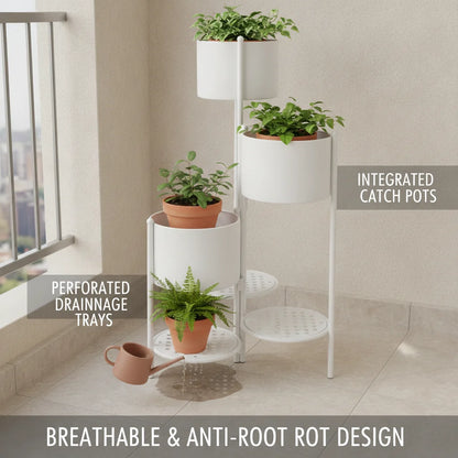 Corner Plant Stand 3-Tier, Nordic Iron Flower Pot Holder with Foldable Design, Space-Saving Ladder Plant Shelf for Indoor Outdoor, White