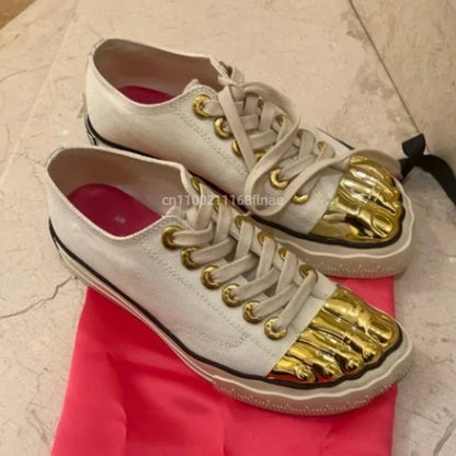 Men's and Women's Gold Toed Board Shoes, Adult Lace Up Flat Cloth Shoes, High-end Street Dance Stage Performance Shoes