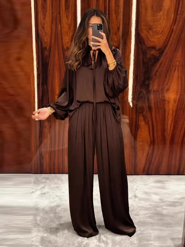 Satin Two-Piece Set Tie-Neck Balloon Sleeve Top Wide Leg Pant 2026 Spring Fashion Minimalist Loungewear Office Women Outfits