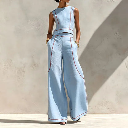 Women Striped Print 2 Piece Set Sleeveless Round Neck Tank Top High Waist Pocket Wide Leg Trousers Suit New Summer Resort Outfit