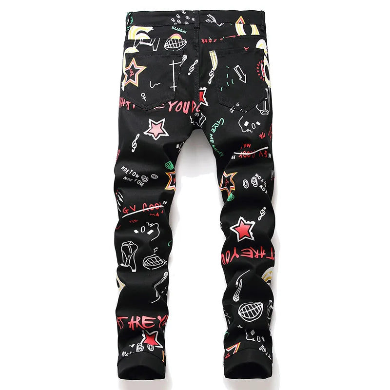 New Fashion Spring Autumn Men's 3D Printed Jeans Pantalon Hombre Black White Nightclubs Young Skinny Biker Denim Trousers