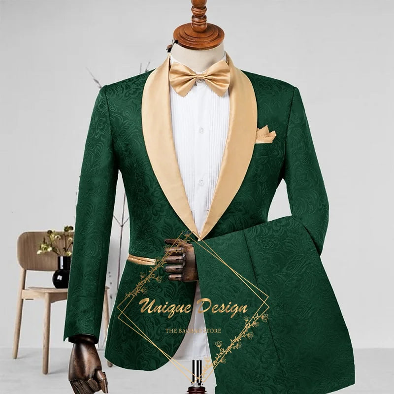 Champagne Men's Suit 2-Piece Set Satin Shawl Lapel Jacquard Jacket Pants Elegant Set for Wedding Groom Summer Party Dating Prom