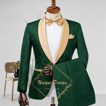 Champagne Men's Suit 2-Piece Set Satin Shawl Lapel Jacquard Jacket Pants Elegant Set for Wedding Groom Summer Party Dating Prom