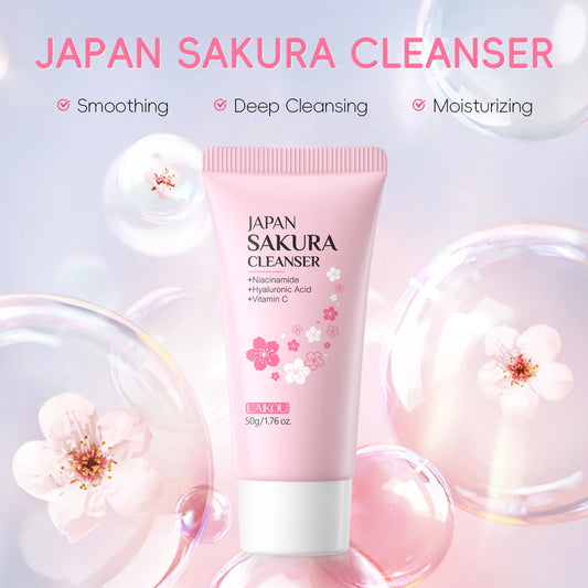 LAIKOU Japan Sakura 7PCS Skincare Set Cleanser Serum Eye Cream Mud Mask Lip Mask Sleeping Mask Hydrating Brightening