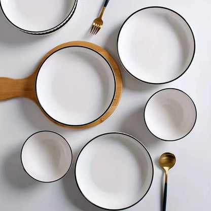 12-piece set Yamada Japanese Style Ceramic Dinnerware Set White & Black Underglaze Traditional Design Porcelain Bowls And Plates