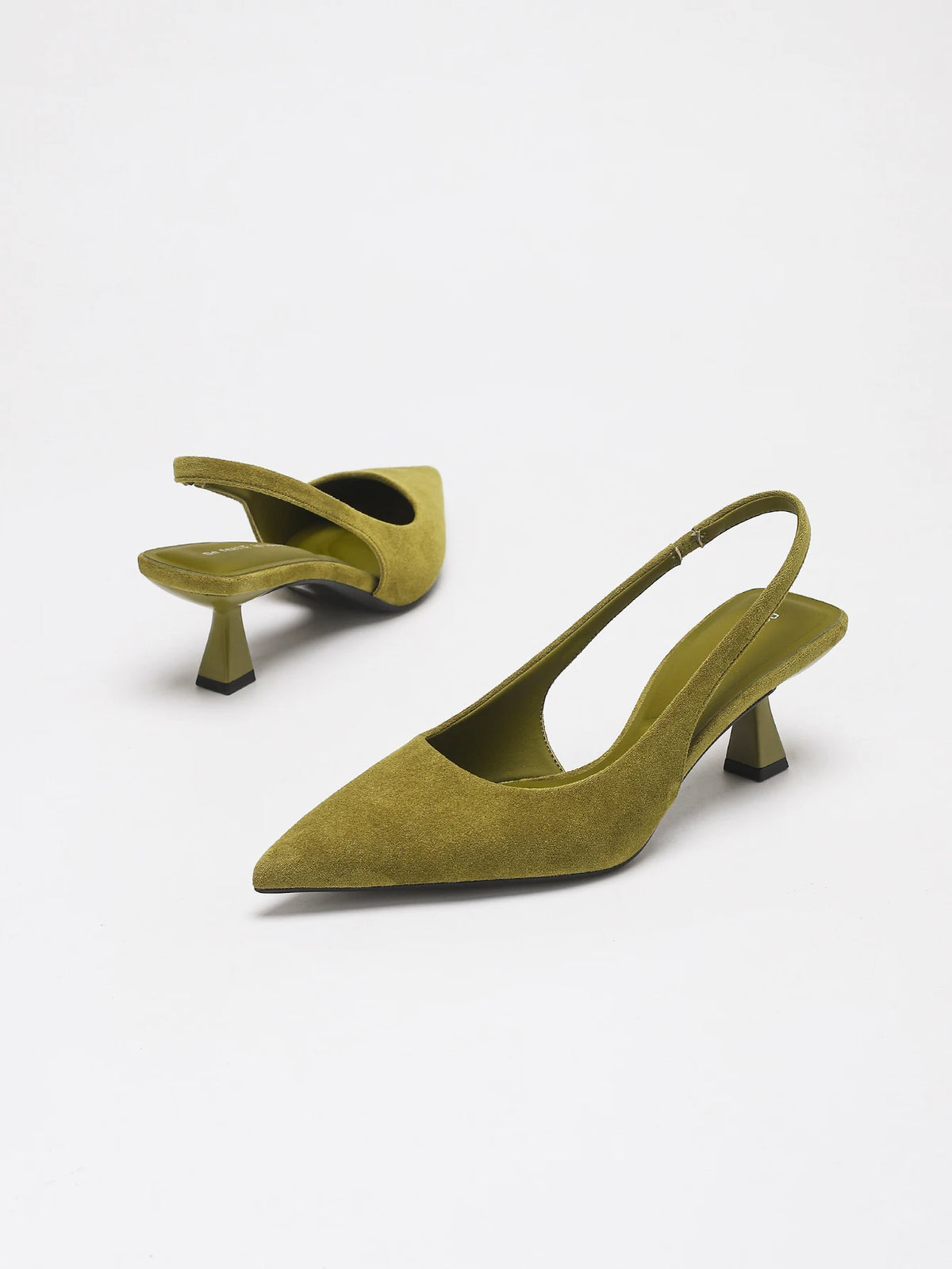 WOMEN OLIVE GREEN FAUX SUEDE SLINGBACK KITTEN HEELS POINTED TOE LOW HEEL PUMPS ELEGANT DRESS PARTY OFFICE SHOES