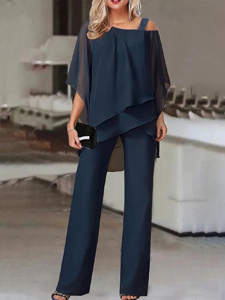 New Matching Collection Fashion Women's Bat Sleeve Top Casual Off Shoulder Party Elegant Wide Leg Pants Women's Two Piece Set