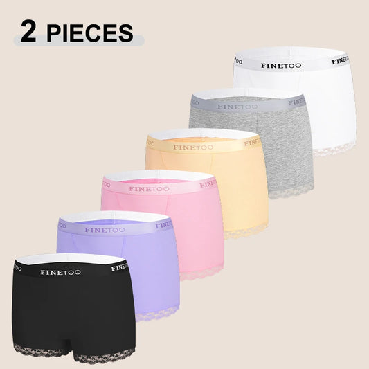FINETOO 2Pcs/Set Women's Seamless Cotton Lace Boxer Shorts Solid Color Letter Comfortable Sport Panties Soft Breathable Boyshort