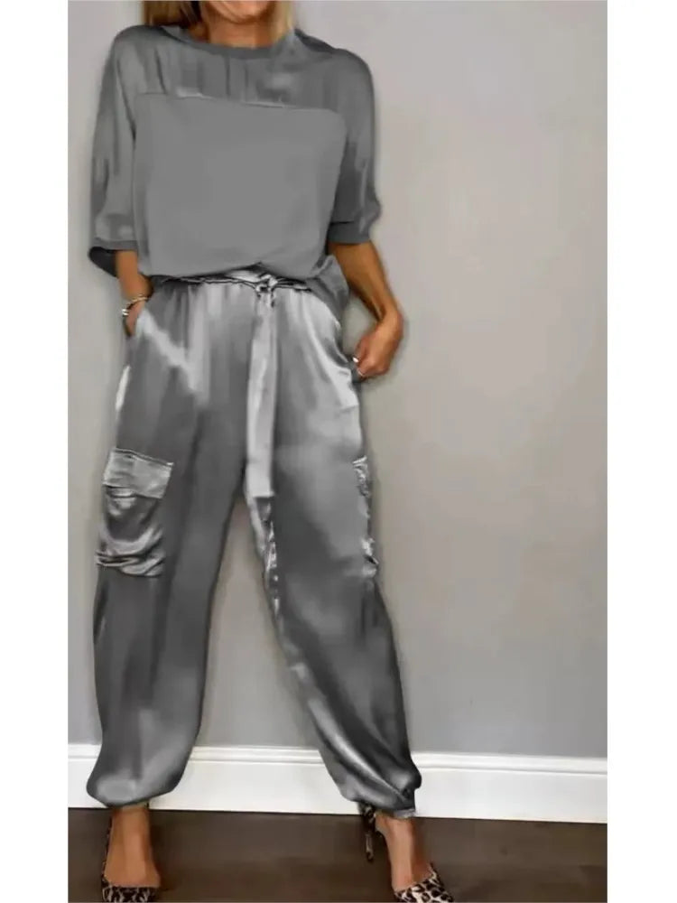 Women's Summer Fashion Solid Satin Two Piece Set Women O Neck Long Sleeved Top Long Pants Casual Loose 2 Piece Set Women Clothes