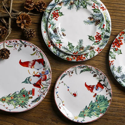 Christmas Ceramic Dinner Plate Set Household Underglaze Flat Round Dim Sum Decorative  Sushi