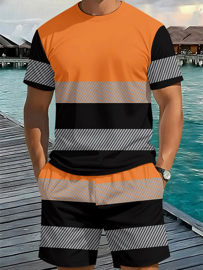 Men's Classic Stripe Printed T-Shirt Shorts Set Plus Size Short Sleeve T-Shirt and Drawstring Shorts Summer Casual Two Piece Set