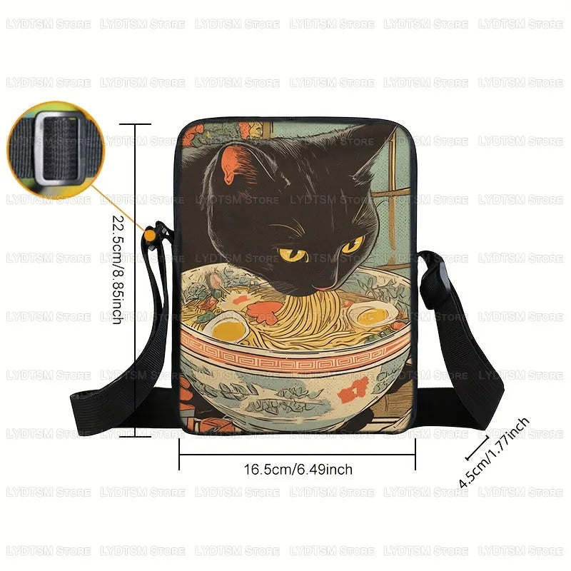 Japanese Black Cat Eating Ramen Print Crossbody Bag Women Shoulder Bag for Travel Phone Wallet Holder Teenager Messenger Bags