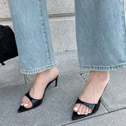 Liyke Summer Fashion Low Thin Heels Women Slippers Gladiator Sandals Cozy Patent Leather Pointed Toe Slip-On Slides Shoes Mules