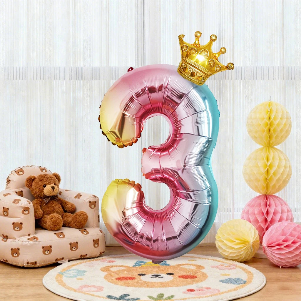 32Inch Gradient Number Crown Balloons 1-9 Digit Foil Helium Balloon Baby Shower Kids And Children's Birthday Party Decoration
