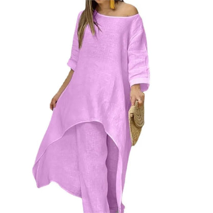 2025 Loose New In Matching Sets Two Piece Outfit 2 Pieces Set For Woman Solid Color Irregular Hem Long Sleeves Wide Legs Trouser