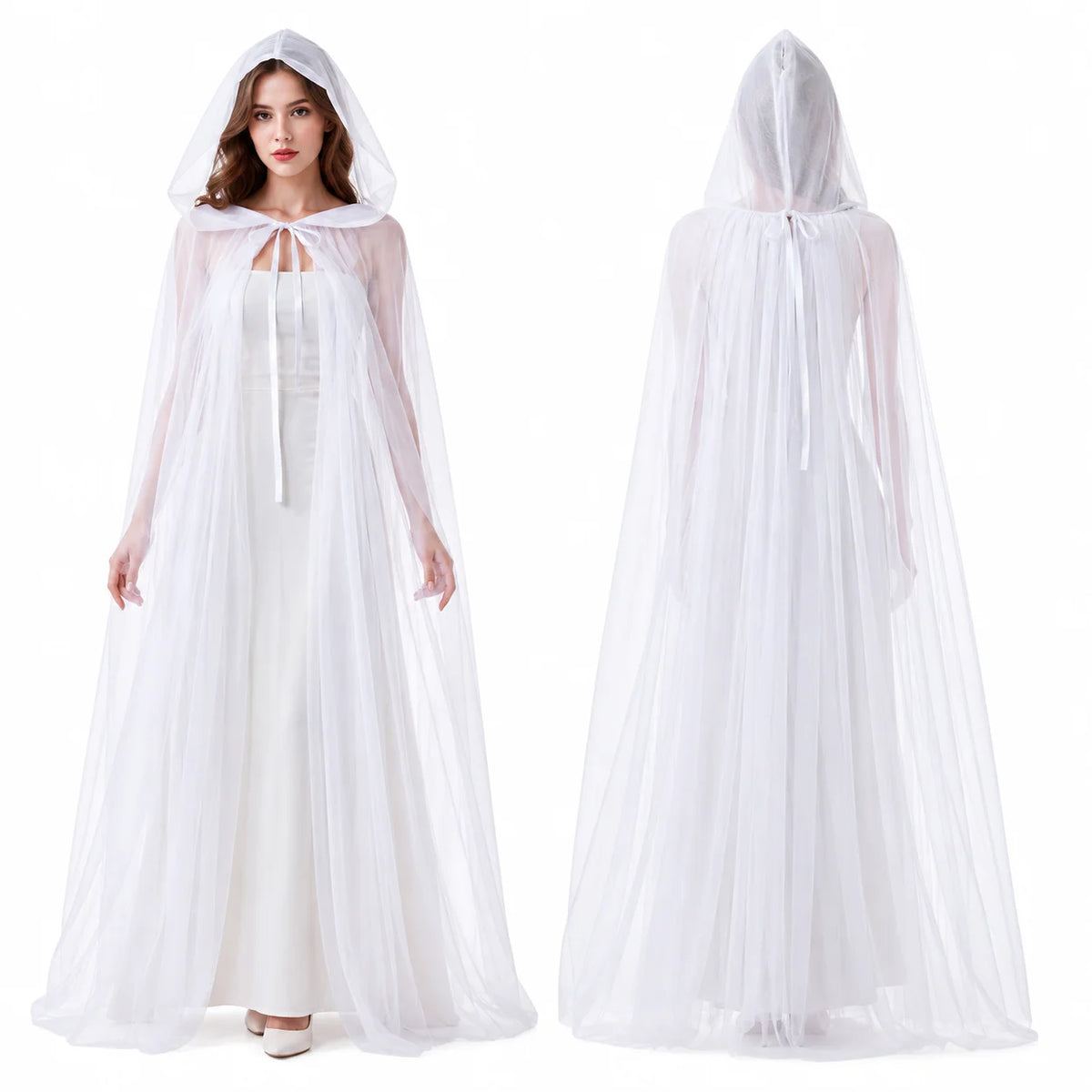 Sheer Tulle Hooded Full‑Length Cape for Women, Lightweight Flowy Gothic Cloak with Neck Tie, Halloween Witch Vampire Cosplay Costume Accessory for Fancy Dress Party Photo Shoot