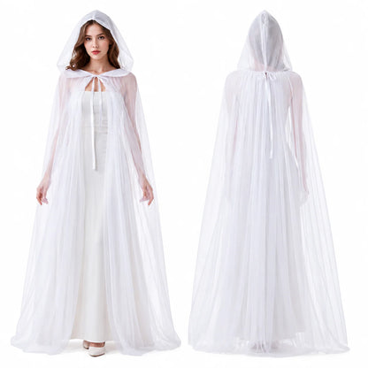 Sheer Tulle Hooded Full‑Length Cape for Women, Lightweight Flowy Gothic Cloak with Neck Tie, Halloween Witch Vampire Cosplay Costume Accessory for Fancy Dress Party Photo Shoot