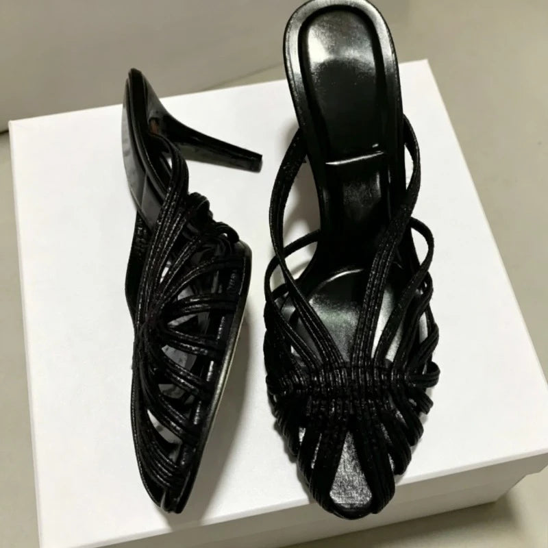 Gold Shiny Luxury Mules Heeled Sandals Women Weave Rome Heels for Ladies Banquet Dress Shoes Fashion Retro Slippers Women Slides