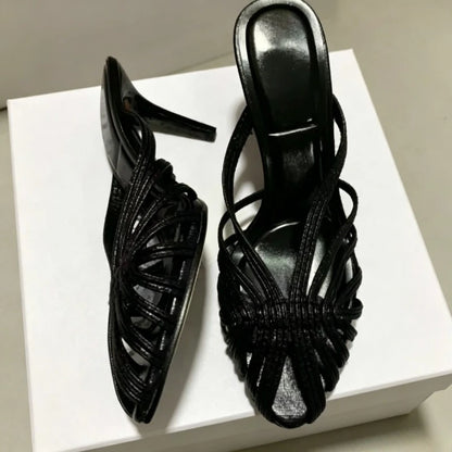 Gold Shiny Luxury Mules Heeled Sandals Women Weave Rome Heels for Ladies Banquet Dress Shoes Fashion Retro Slippers Women Slides
