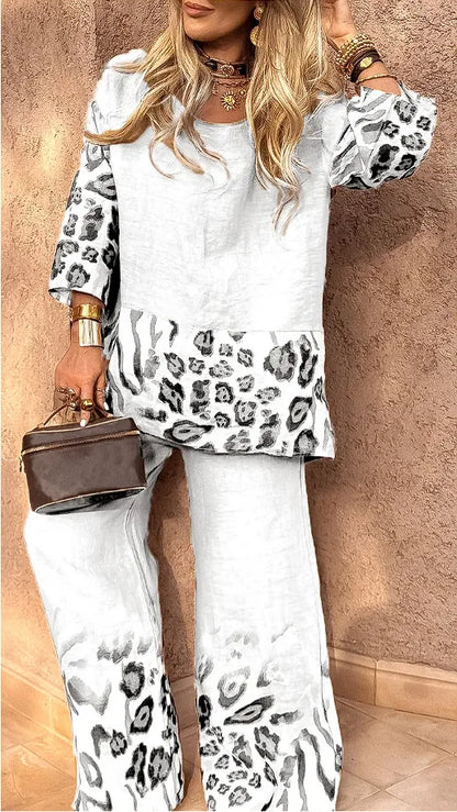 2025 New Summer Leopard Print Two Piece Set Women Fashion Casual Loose Short Sleeves Blouses Splicing Tops Wide Leg Pants Suits