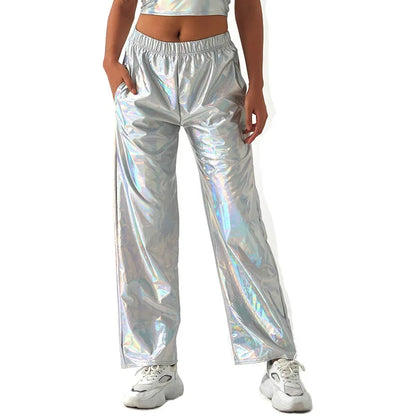 Aurora Laser Gradient High-Waist Pants | Iridescent Stretch Straight-Leg Trousers | Women's Rave & Streetwear Bottoms