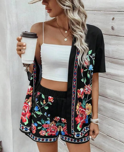 Summer Women's Suit With Shorts Printed Crop Top Short Pants Blue Patterned Set Green Floral Casual Shorts