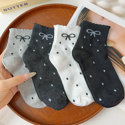 4Pairs Cute Dots Socks Cotton Harajuku Vintage Streetwear Crew Sock Japanese Kawaii Women Ruffle Dot Sock with Bow Girl's Gift