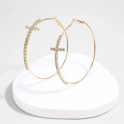 Shiny Big Circel Cross Hoop Earrings for Women Exquisite Rhinestones Ear Buckles Earrings High-end Geometric Ear Rings Jewelry